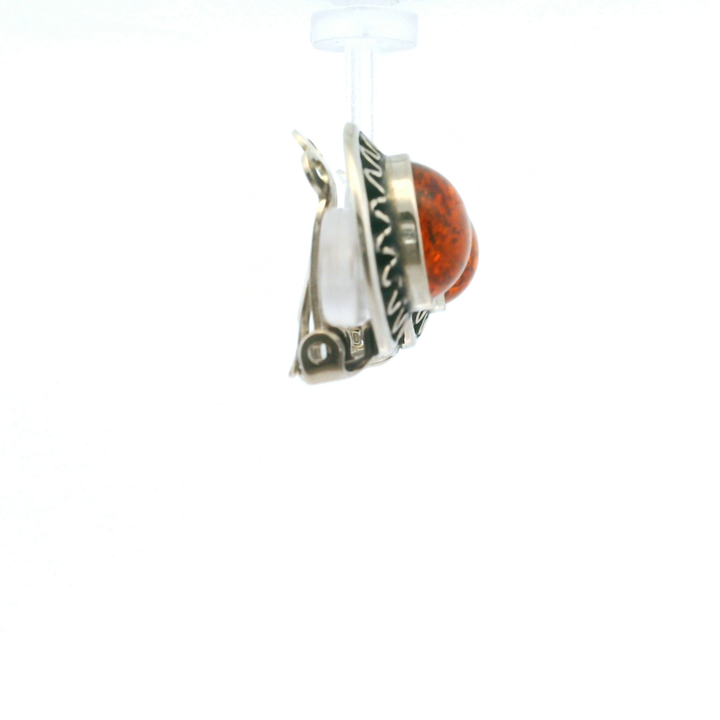 Estate Sterling Silver Round Cabochon Amber Clip-On Earrings, Vintage