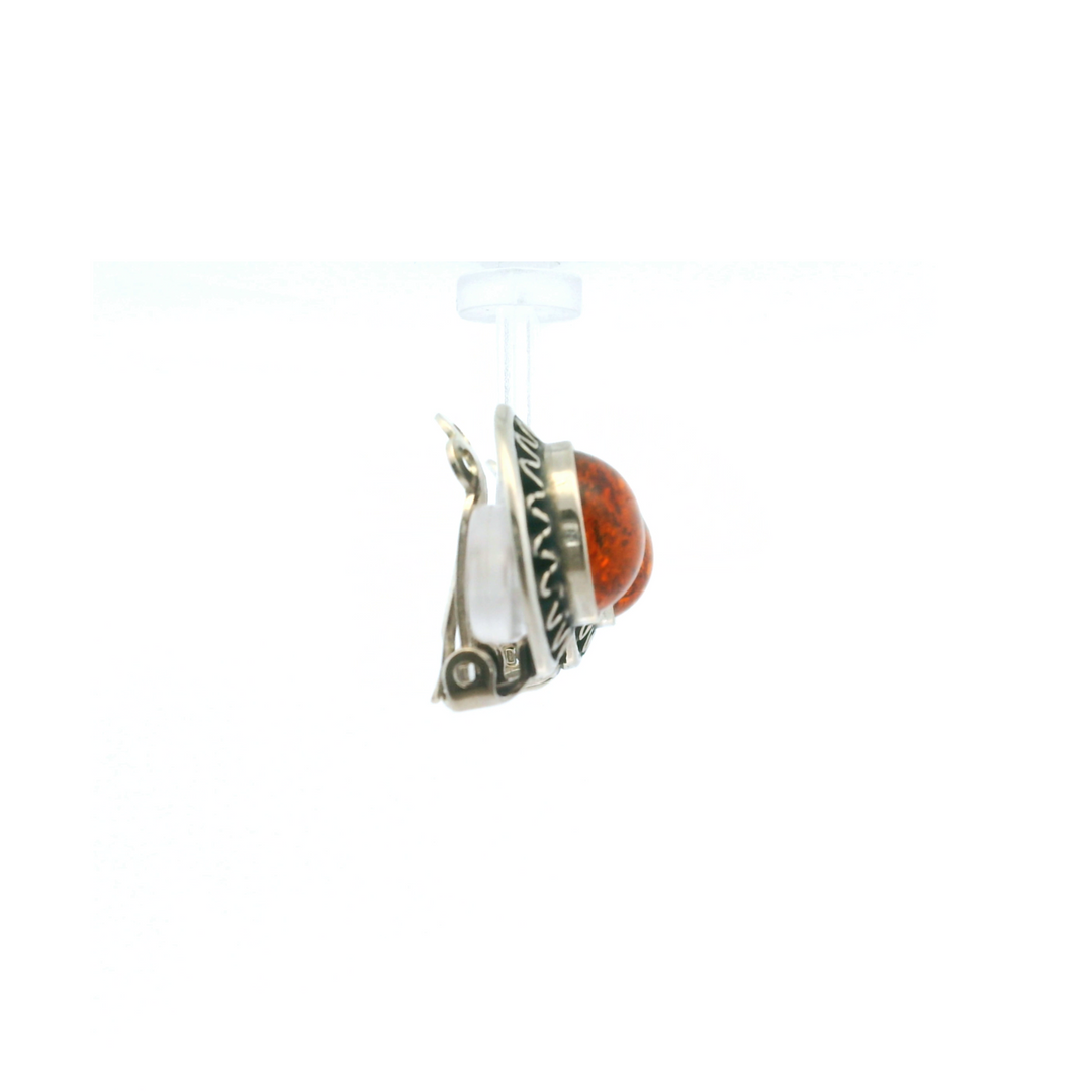 Estate Sterling Silver Round Cabochon Amber Vintage Clip-On Earrings
