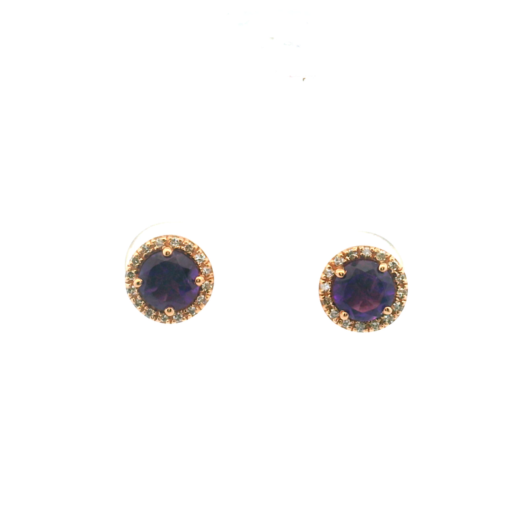 Estate 14KT Rose Gold Round Amethyst & Diamond Earrings