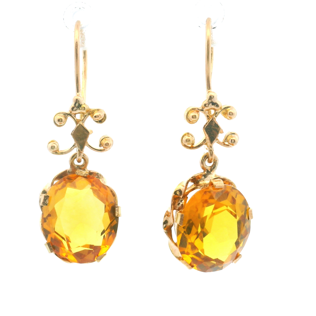 Estate 14KT Yellow Gold Oval Synthetic Orange Sapphire French Wire Earrings, ca. 1960's
