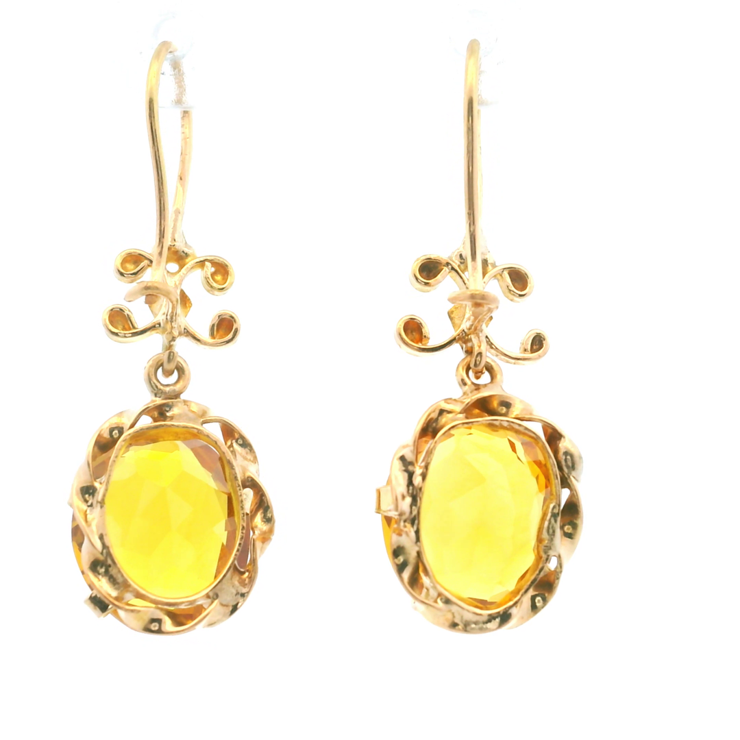 Estate 14KT Yellow Gold Oval Synthetic Orange Sapphire French Wire Earrings, ca. 1960's