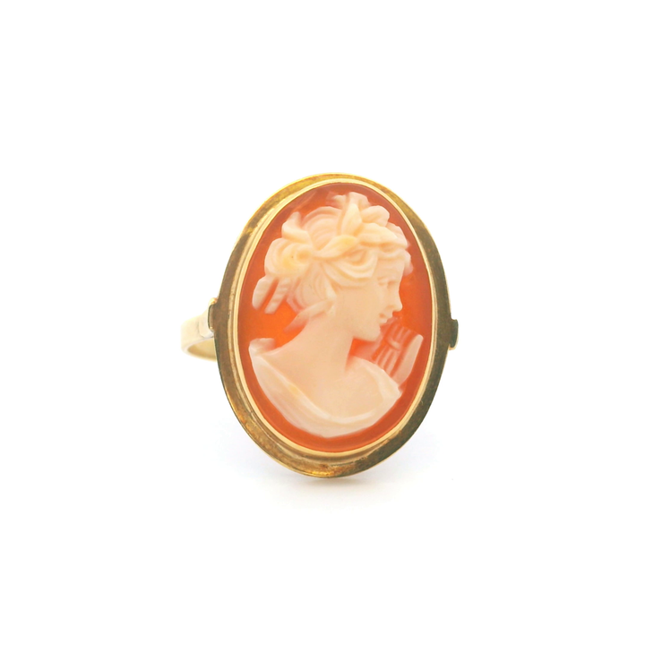 Estate 18KT Yellow Gold Shell Cameo "Erato" Ring, Edwardian