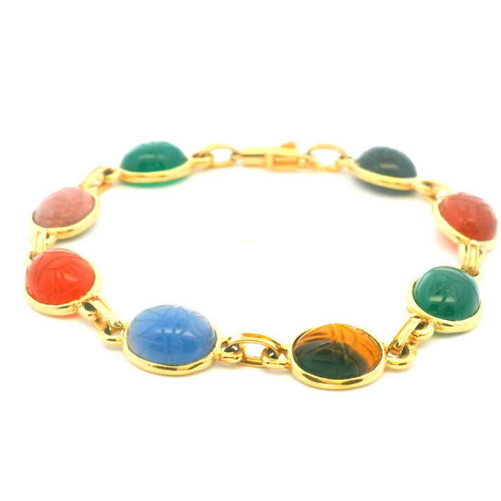 Estate 14K Yellow Gold Carved Multi-Gemstone Vintage Scarab Bracelet from the Egyptian Revival Era