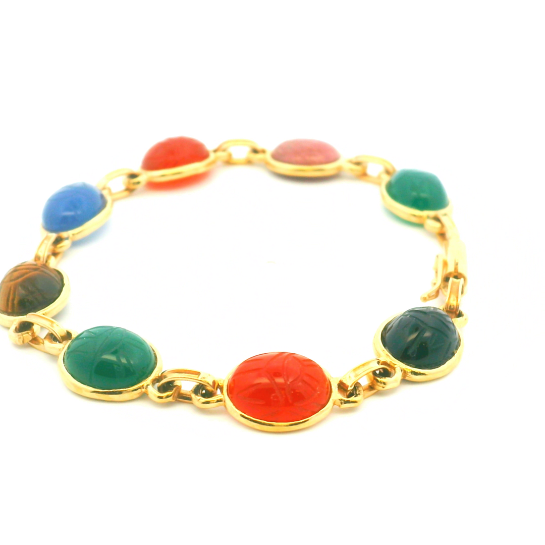Estate 14K Yellow Gold Carved Multi-Gemstone Vintage Scarab Bracelet from the Egyptian Revival Era