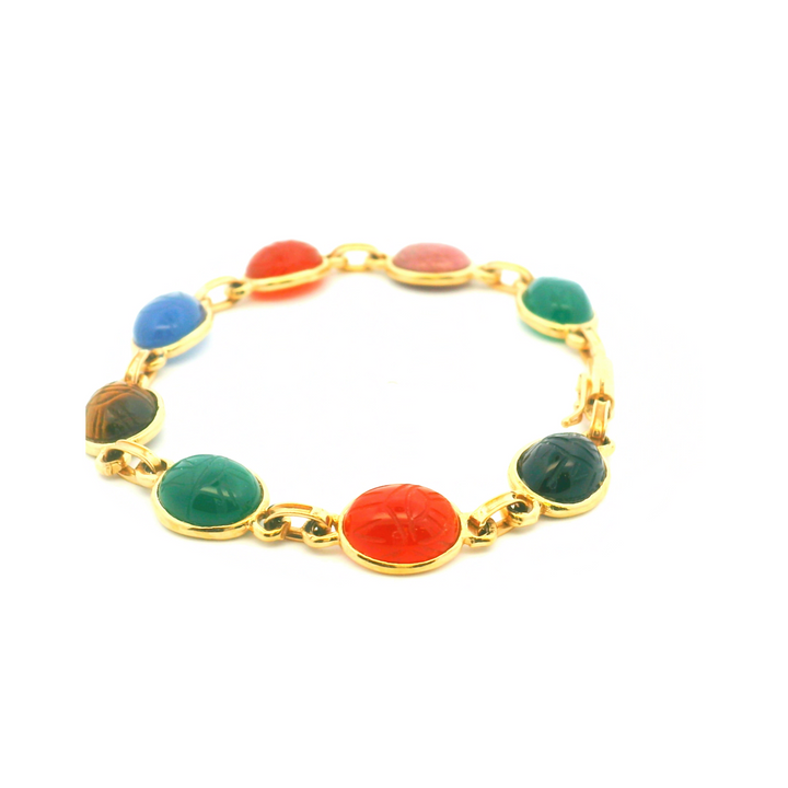 Estate 14K Yellow Gold Carved Multi-Gemstone Vintage Scarab Bracelet from the Egyptian Revival Era