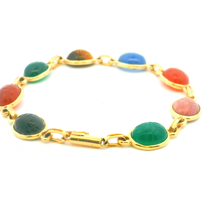 Estate 14K Yellow Gold Carved Multi-Gemstone Vintage Scarab Bracelet from the Egyptian Revival Era