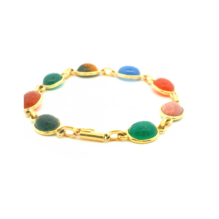 Estate 14K Yellow Gold Carved Multi-Gemstone Vintage Scarab Bracelet from the Egyptian Revival Era