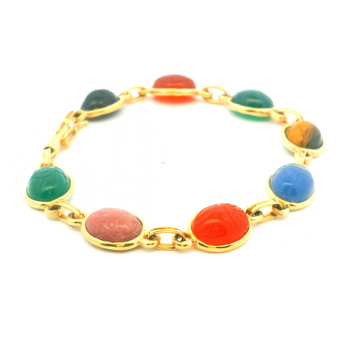 Estate 14K Yellow Gold Carved Multi-Gemstone Vintage Scarab Bracelet from the Egyptian Revival Era