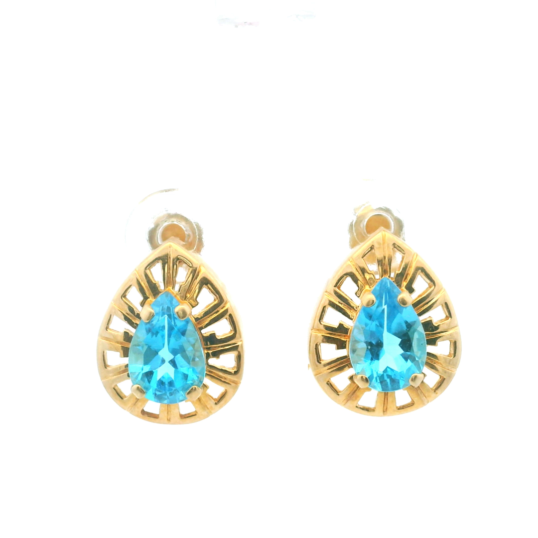 Estate 14KT Yellow Gold Pear Blue Topaz Studs, ca. 1990's