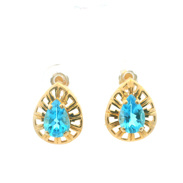 Estate 14KT Yellow Gold Pear Blue Topaz Studs, ca. 1990's