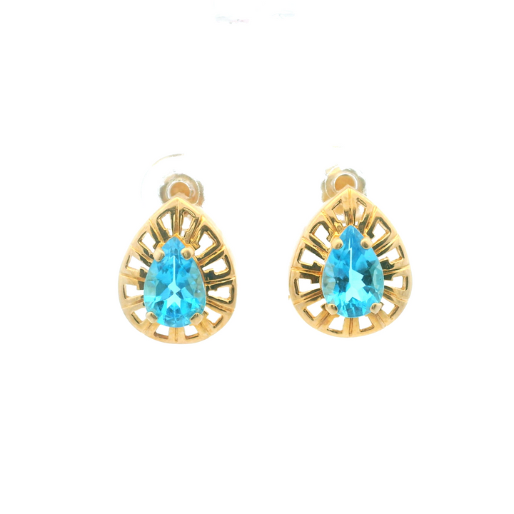 Estate 14K Yellow Gold 3.30CTW Pear-Shaped Blue Topaz Open Frame Stud Earrings