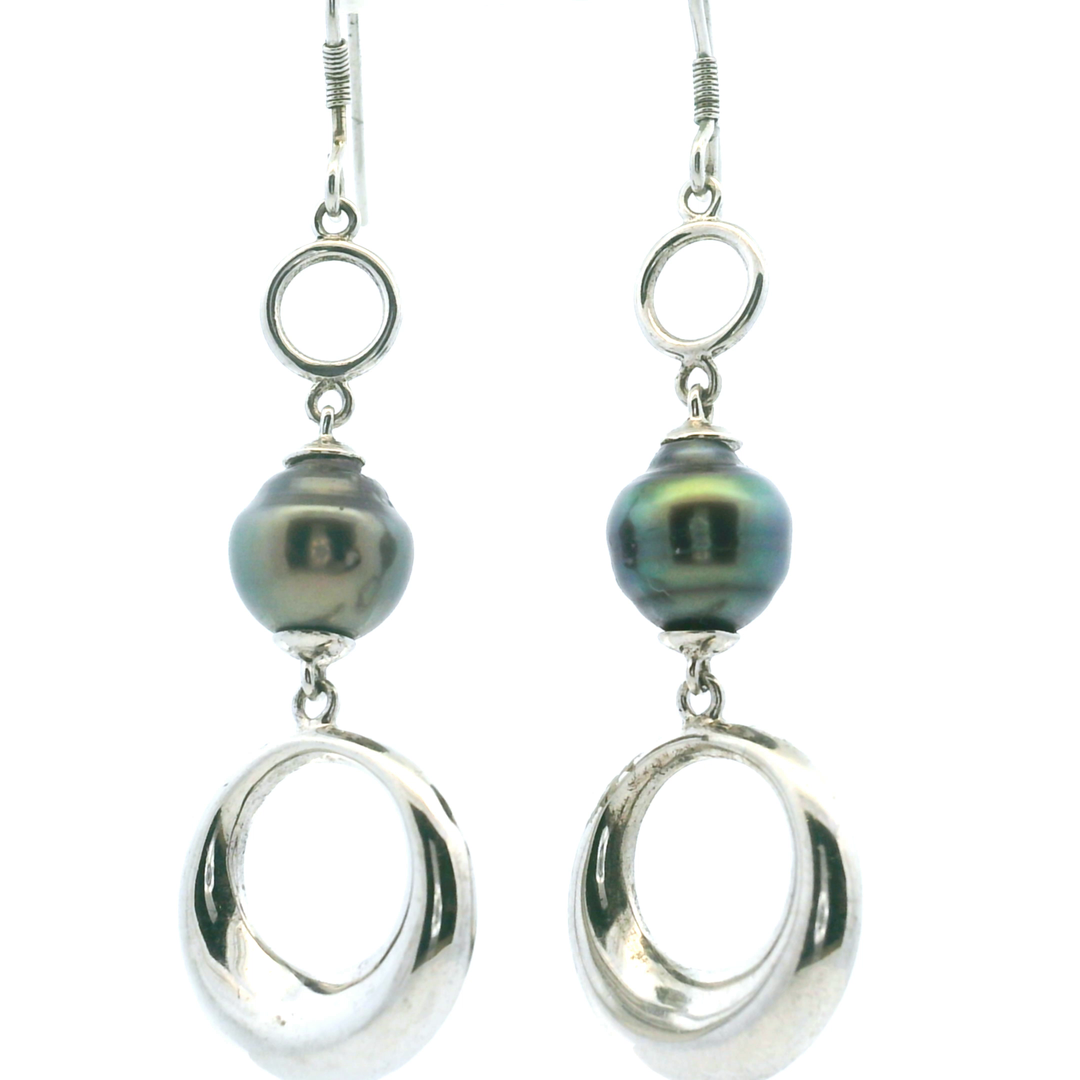 Estate Sterling Silver Tahitian Pearl Drop Earrings