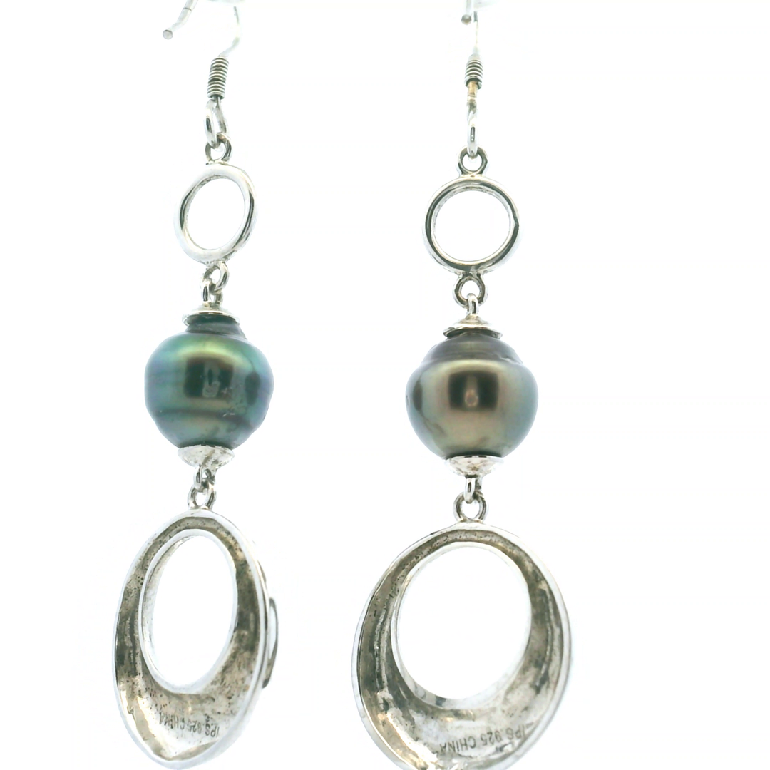Estate Sterling Silver Tahitian Pearl Drop Earrings