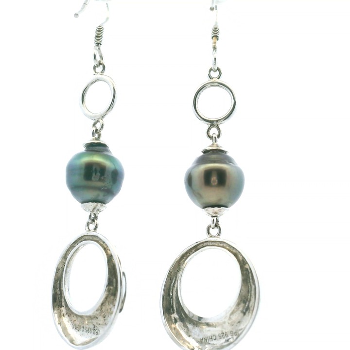 Estate Sterling Silver Tahitian Pearl Drop Earrings