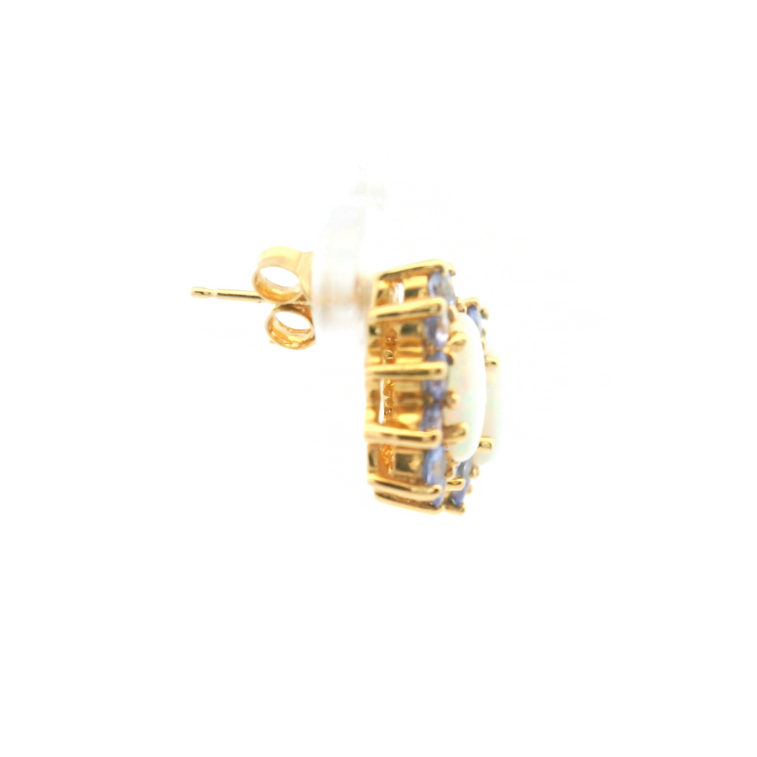Estate 14K Yellow Gold 2.32CTW Opal & Tanzanite Halo Stud Earrings