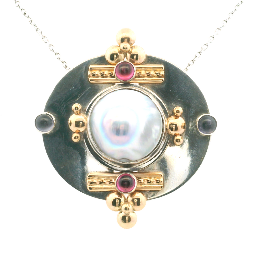 Estate Siwen Sterling Silver Amethyst, Tourmaline & Mabe Pearl Brooch/Pendant, Vintage