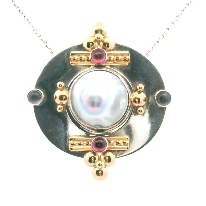 Estate Siwen Sterling Silver Amethyst, Tourmaline & Mabe Pearl Brooch/Pendant, Vintage