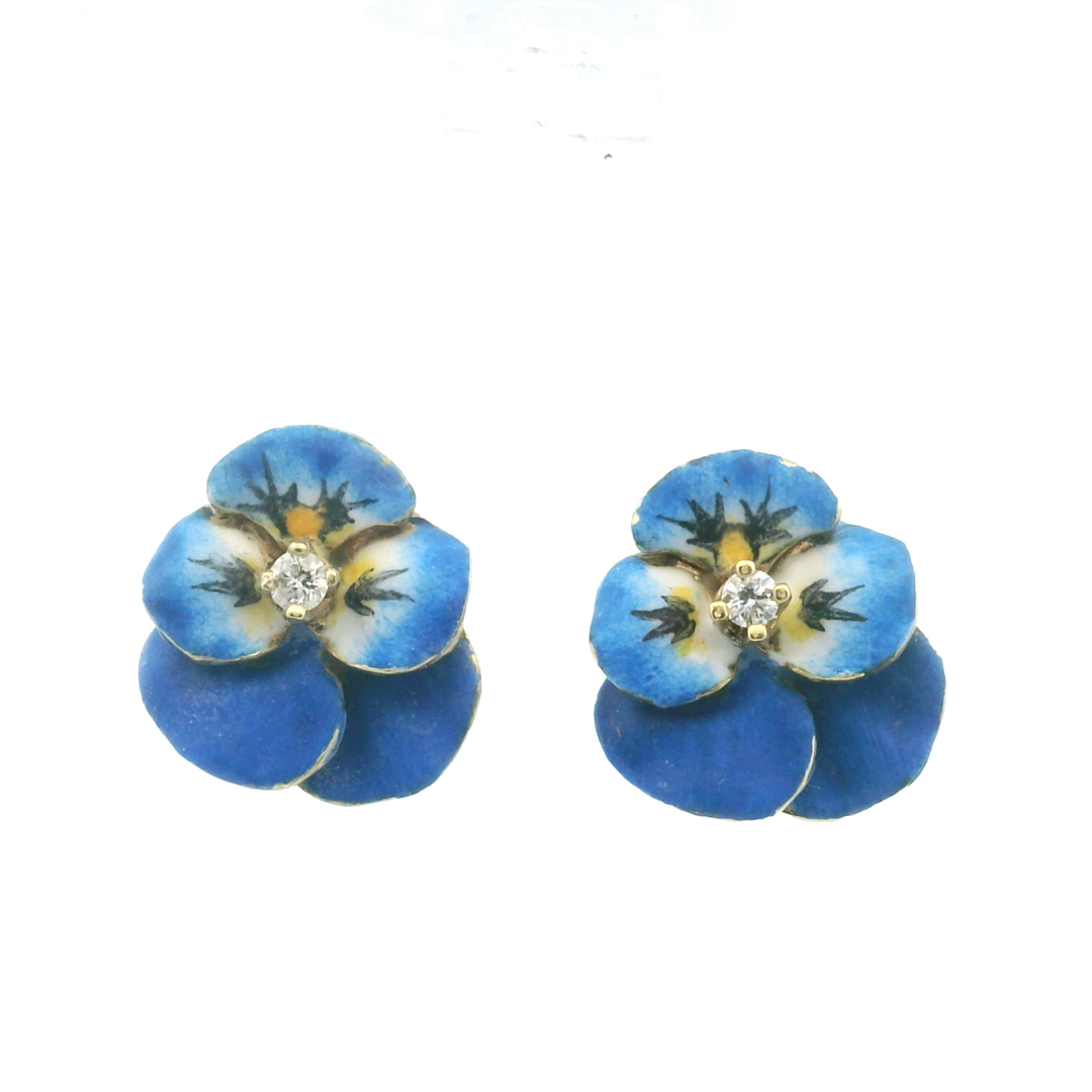 Estate 14KT Yellow Gold Diamond & Enamel Blue Pansy Earrings, ca. 1900