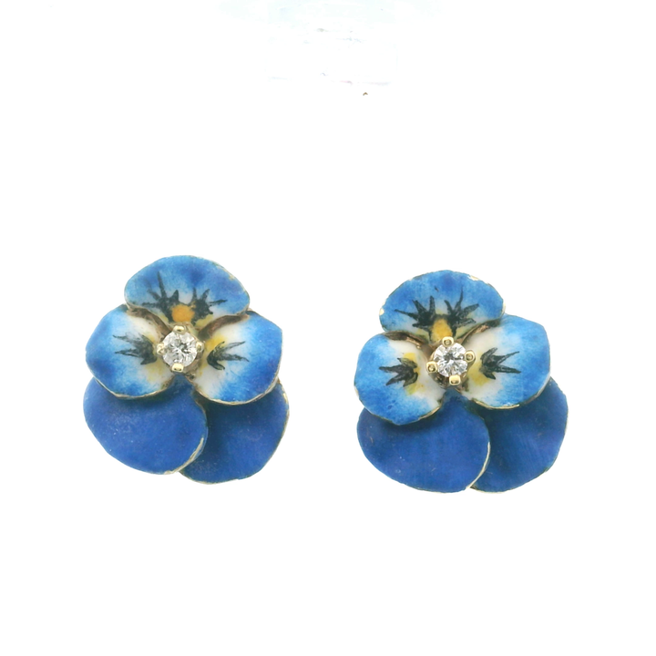 Estate 14KT Yellow Gold Diamond & Enamel Blue Pansy Earrings, ca. 1900