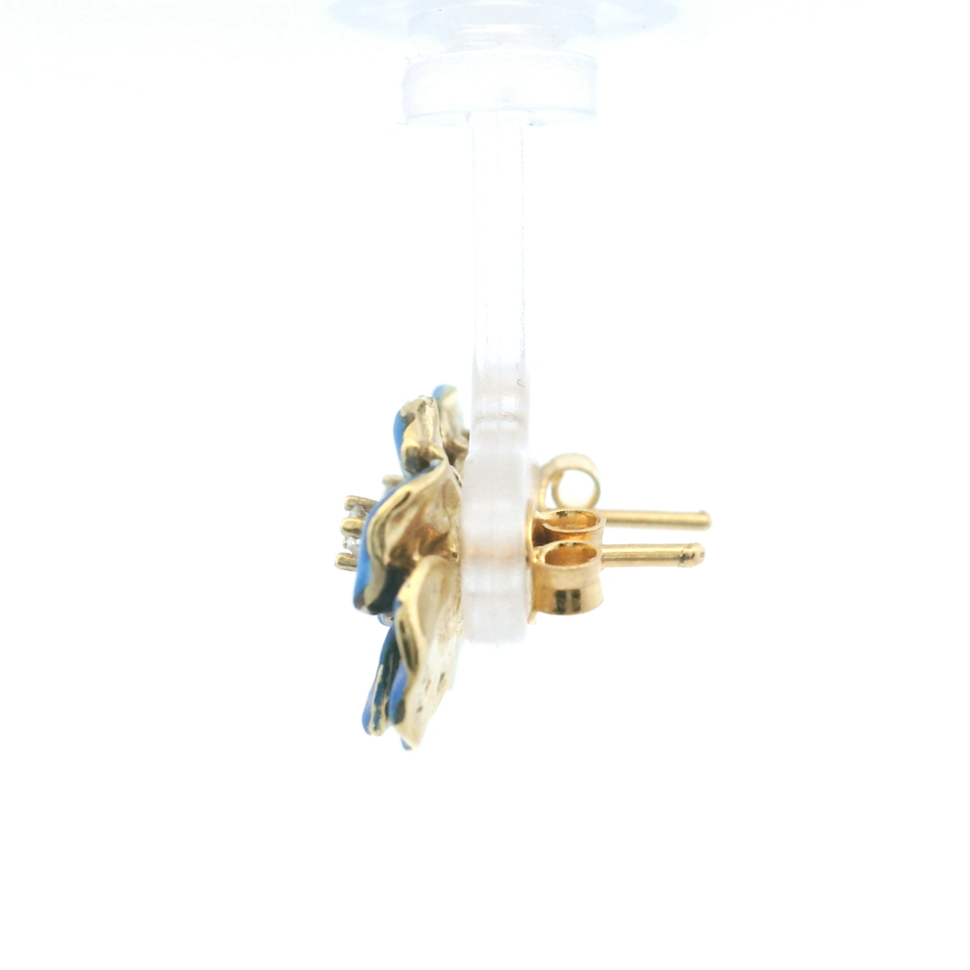 Estate 14KT Yellow Gold Diamond & Enamel Blue Pansy Earrings, ca. 1900