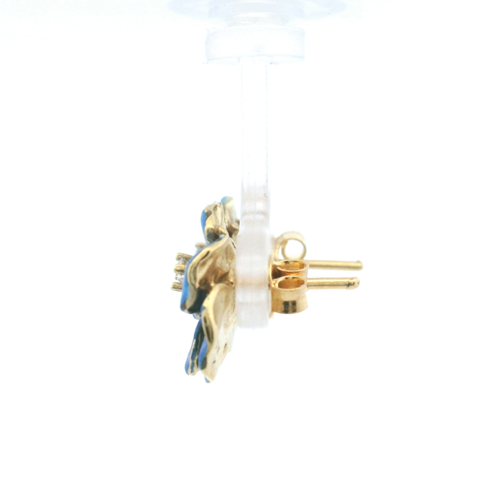 Estate 14KT Yellow Gold Diamond & Enamel Blue Pansy Earrings, ca. 1900