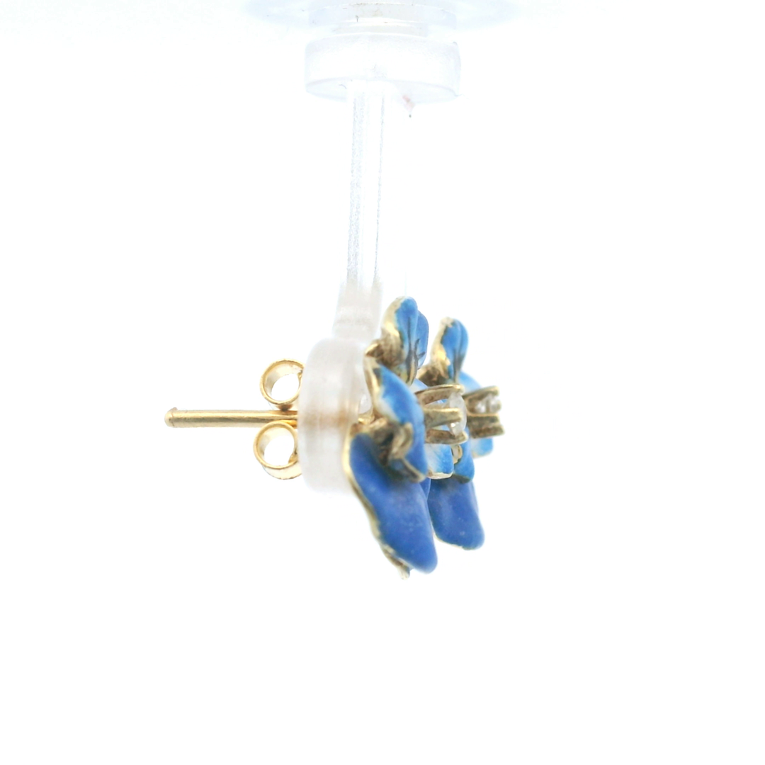 Estate 14KT Yellow Gold Diamond & Enamel Blue Pansy Earrings, ca. 1900
