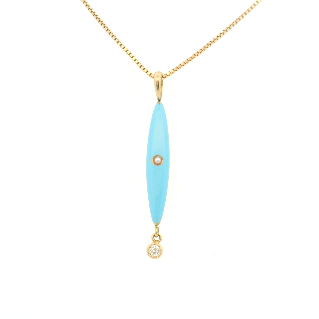 Estate 14KT Yellow Gold Diamond, Enamel & Pearl Pendant Necklace