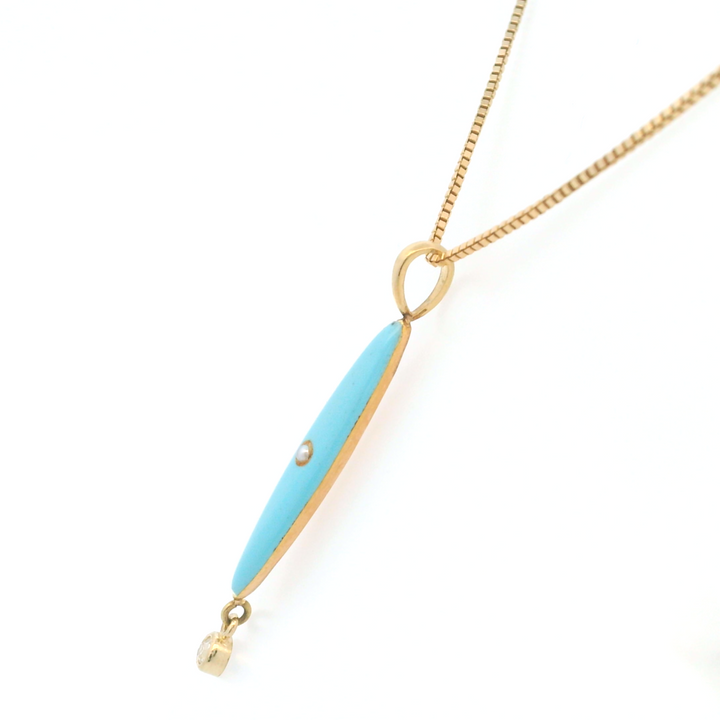 Estate 14KT Yellow Gold Diamond, Enamel & Pearl Pendant Necklace