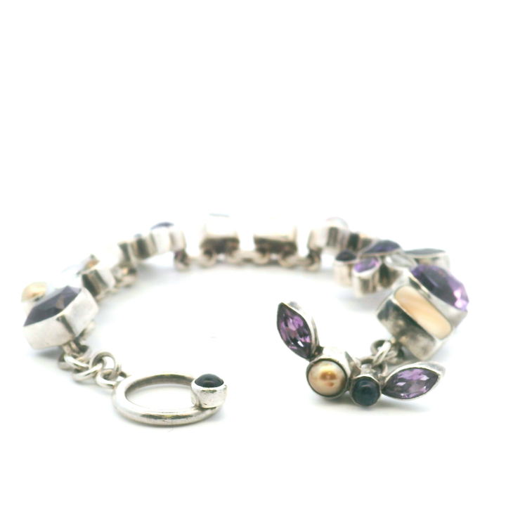 Estate Sterling Silver Amethyst, Topaz & Pearl Link Bracelet