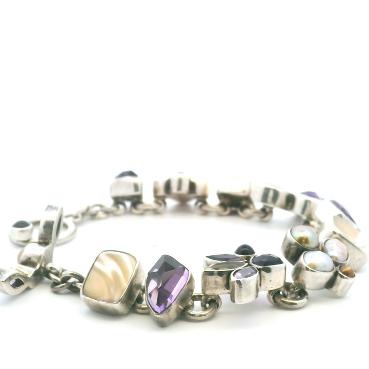 Estate Sterling Silver Amethyst, Topaz & Pearl Link Bracelet