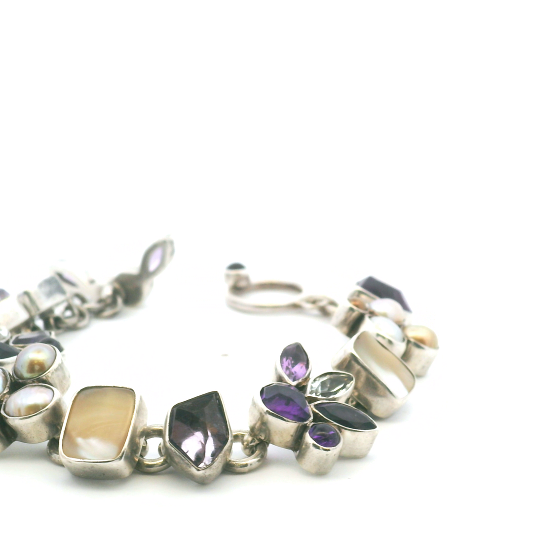 Estate Sterling Silver Amethyst, Topaz & Pearl Link Bracelet