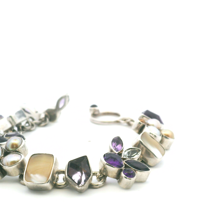 Estate Sterling Silver Amethyst, Topaz & Pearl Link Bracelet