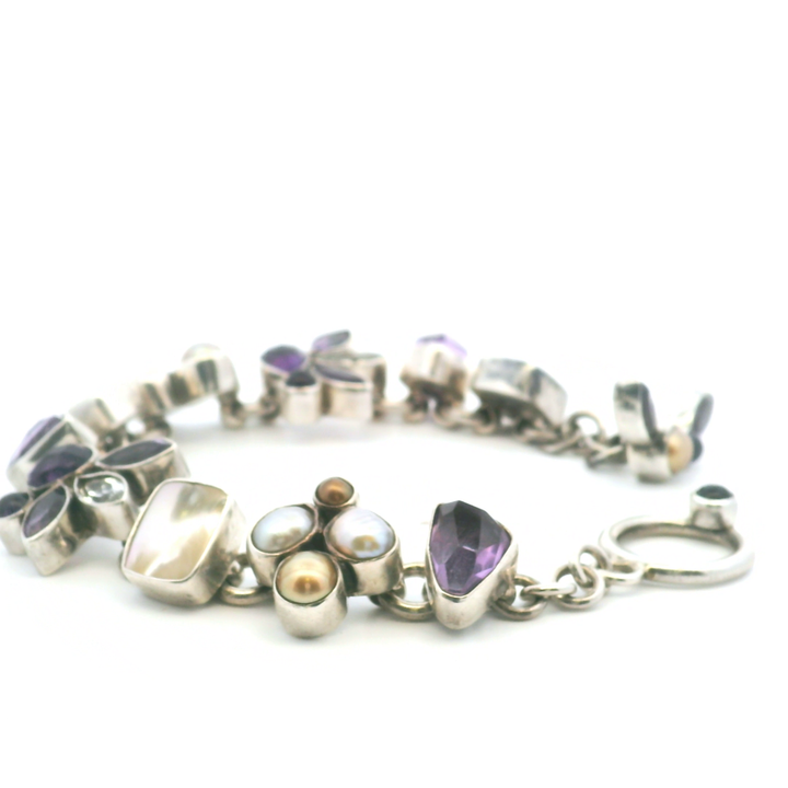 Estate Sterling Silver Amethyst, Topaz & Pearl Link Bracelet