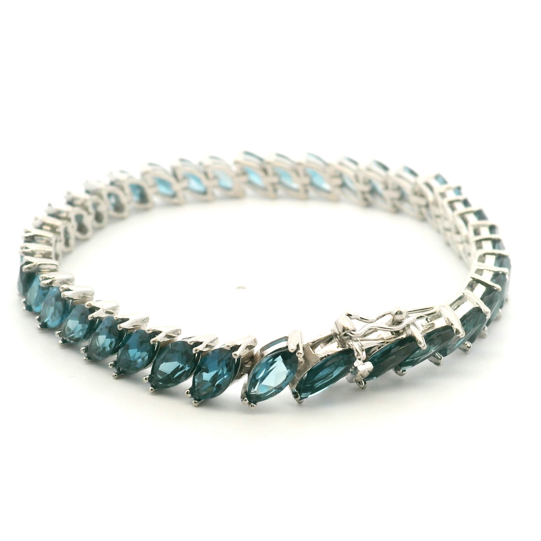Estate Sterling Silver Marquise London Blue Topaz Link Bracelet