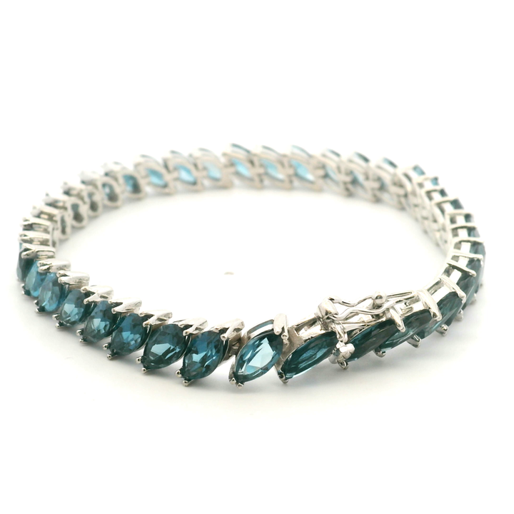 Estate Sterling Silver Marquise London Blue Topaz Link Bracelet