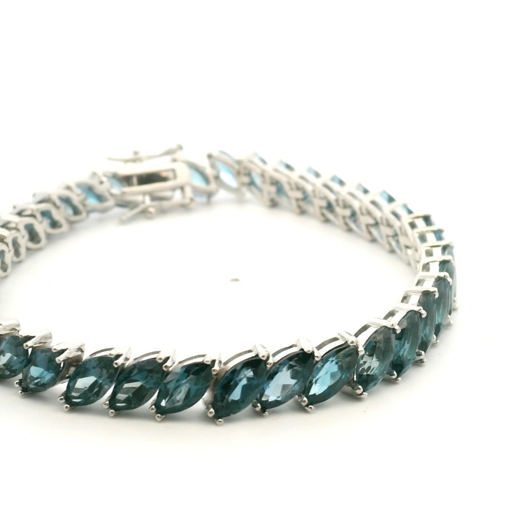 Estate Sterling Silver Marquise London Blue Topaz Link Bracelet