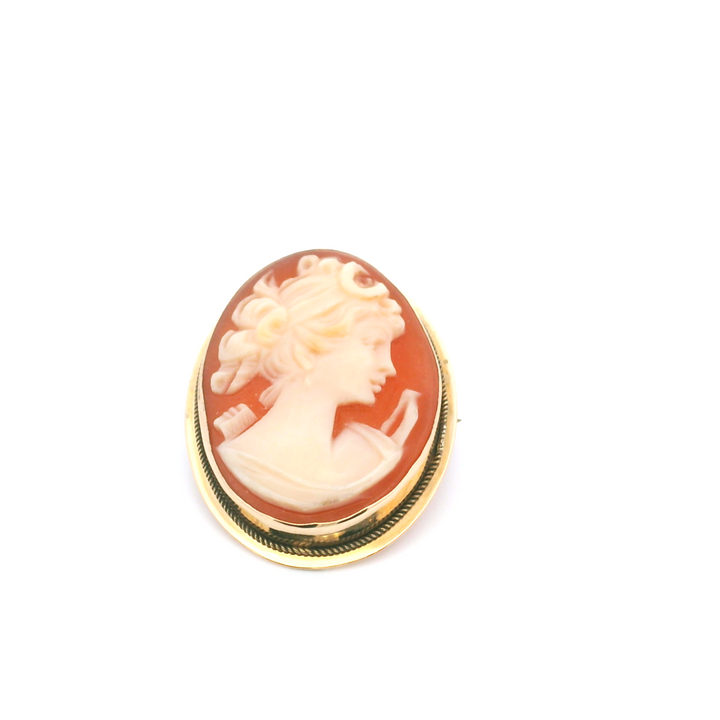 Estate 18K Yellow Gold Shell Vintage Cameo Brooch, "Diana Goddess of the Hunt," ca. 1960's