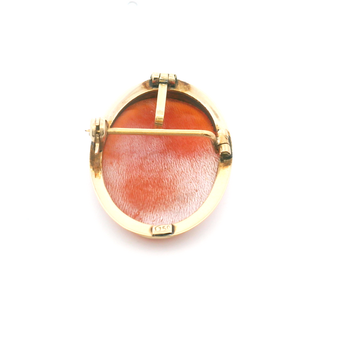 Estate 18K Yellow Gold Shell Vintage Cameo Brooch, "Diana Goddess of the Hunt," ca. 1960's