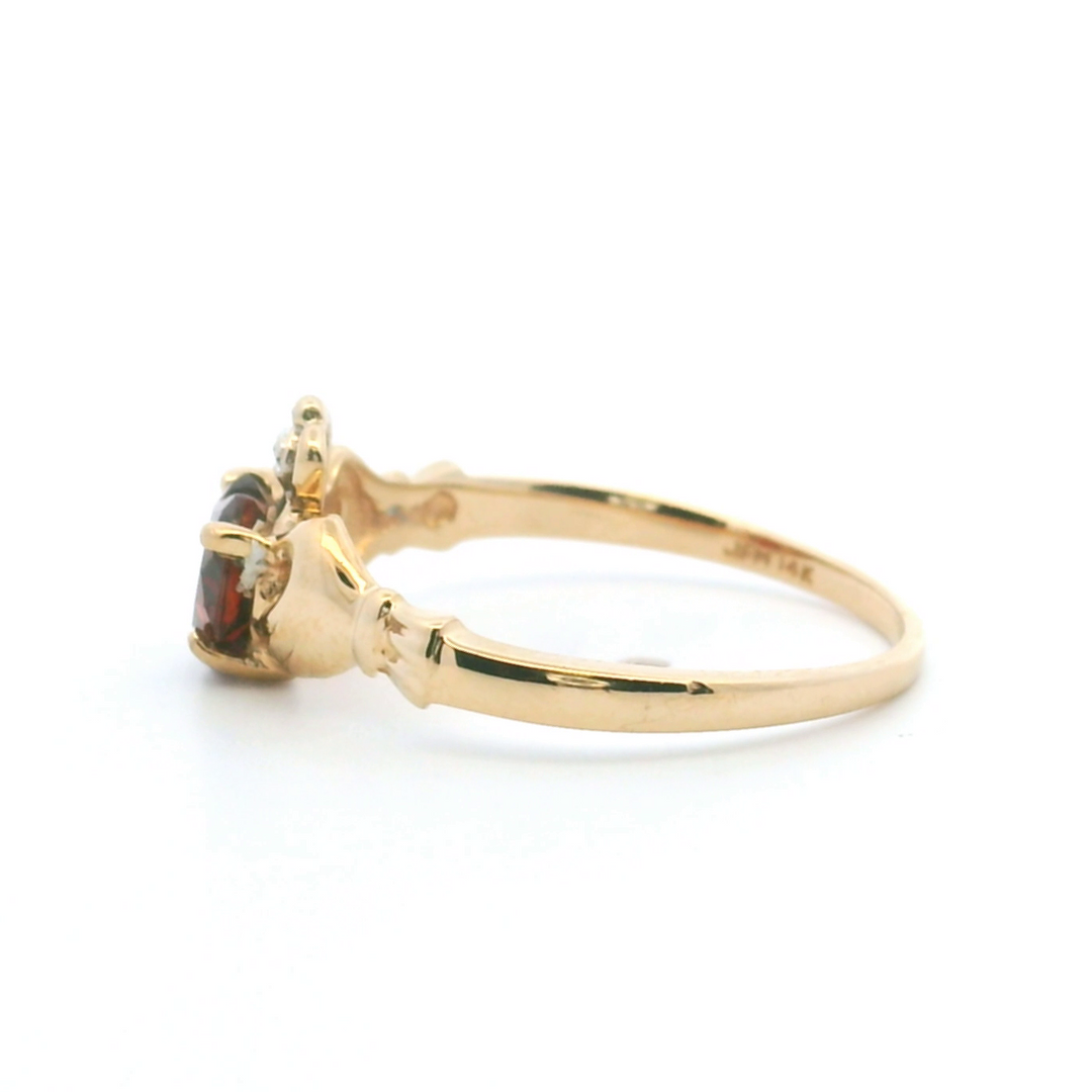 Estate 14K Yellow Gold 0.86CTW Heart-Shaped Garnet & Diamond Claddagh Ring