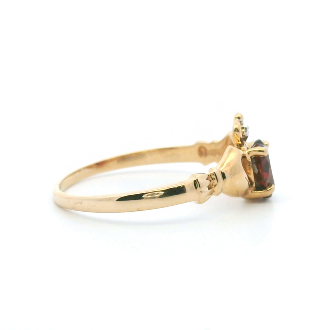 Estate 14K Yellow Gold 0.86CTW Heart-Shaped Garnet & Diamond Claddagh Ring