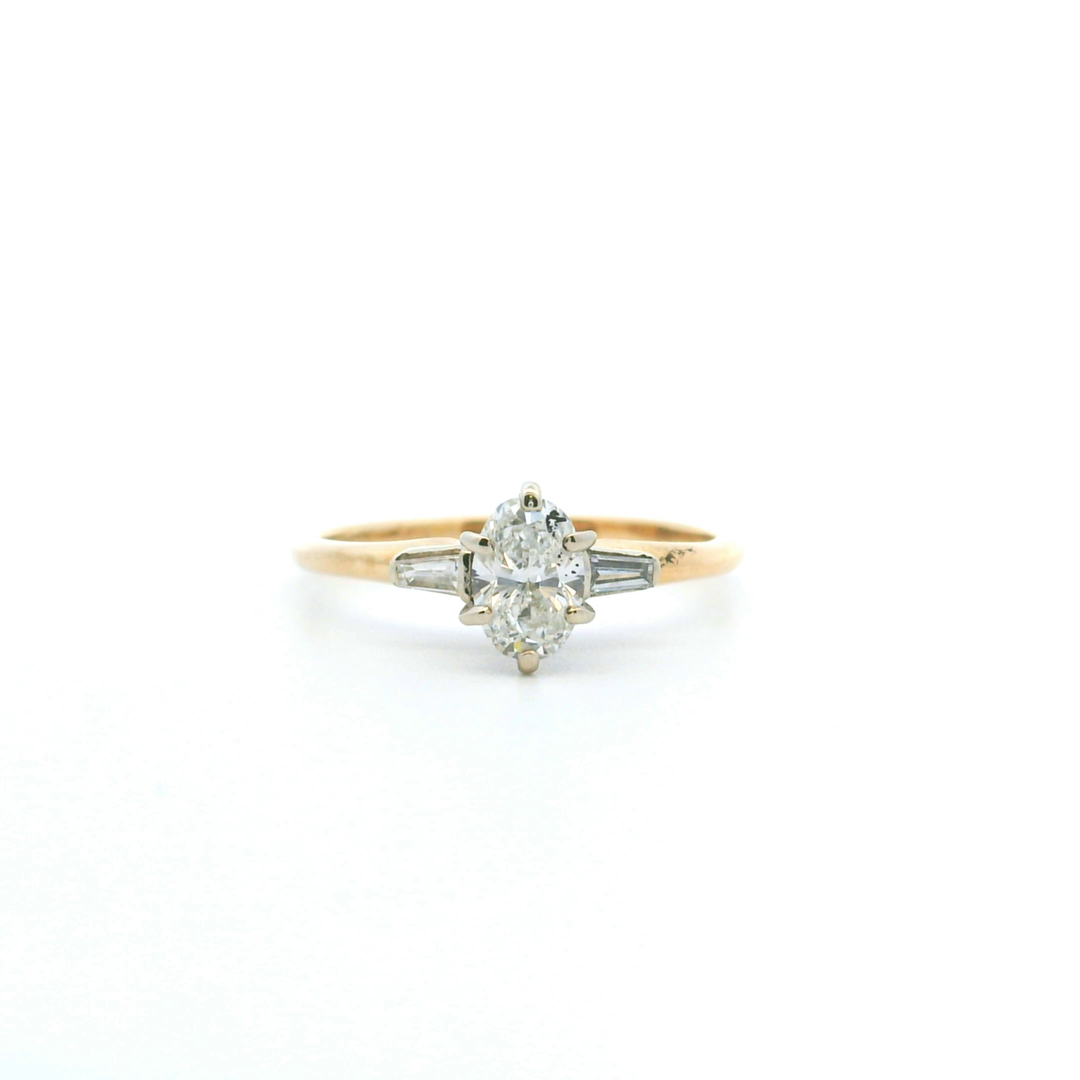 Estate 14KT Two-Tone Gold Oval & Baguette Diamond Engagement Ring