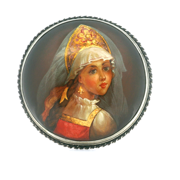 Estate Hand-Painted Lacquer Veiled Russian Woman Brooch