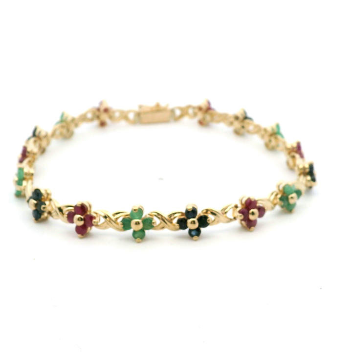 Estate 14K Yellow Gold Emerald, Sapphire, and Ruby Flower Link Bracelet