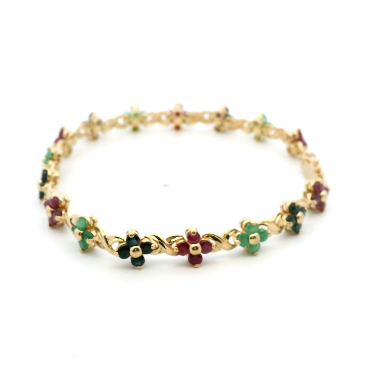 Estate 14K Yellow Gold Emerald, Sapphire, and Ruby Flower Link Bracelet