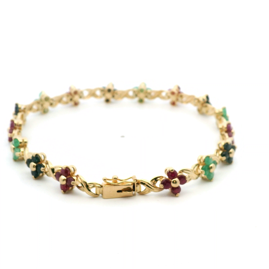 Estate 14K Yellow Gold Emerald, Sapphire, and Ruby Flower Link Bracelet