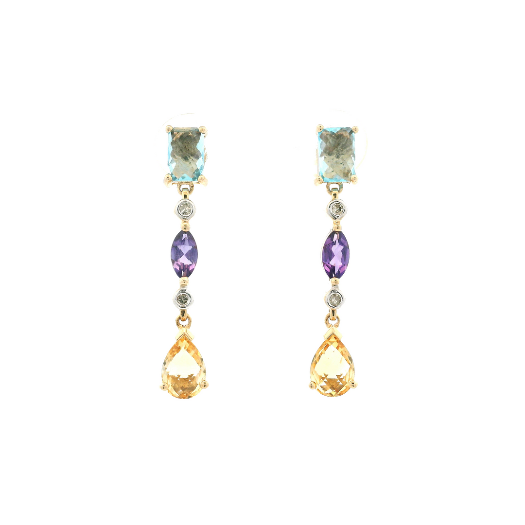 Estate 10K Yellow Gold Blue Topaz, Amethyst, and Citrine Dangle Earrings