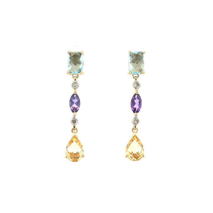 Estate 10K Yellow Gold Blue Topaz, Amethyst, and Citrine Dangle Earrings