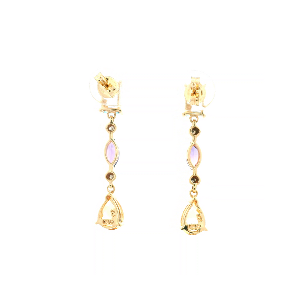 Estate 10K Yellow Gold Blue Topaz, Amethyst, and Citrine Dangle Earrings