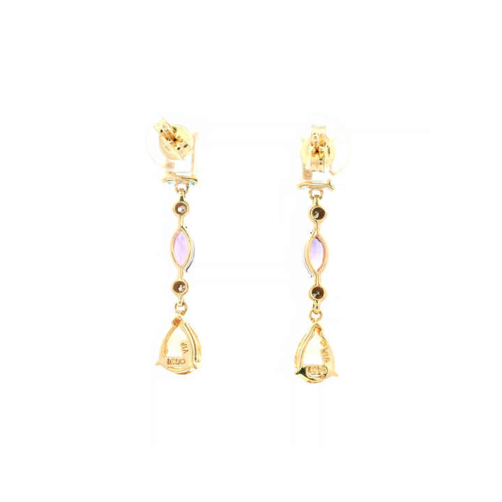 Estate 10K Yellow Gold Blue Topaz, Amethyst, and Citrine Dangle Earrings