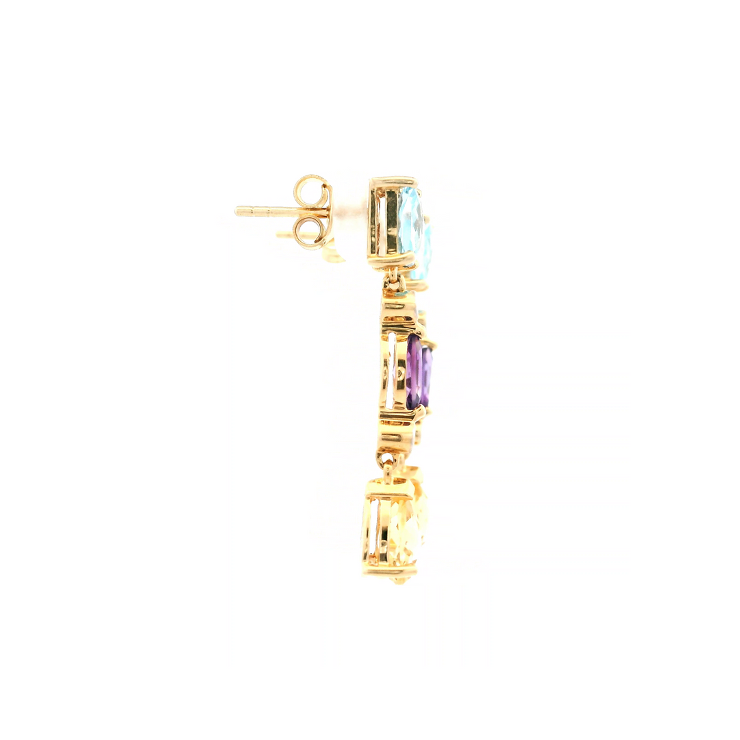 Estate 10K Yellow Gold Blue Topaz, Amethyst, and Citrine Dangle Earrings
